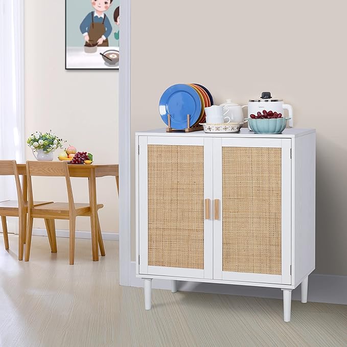 Finnhomy Sideboard Buffet Storage Liquor Cabinet with Rattan Decorated Doors, Kitchen, Dining Room, Hallway, Cupboard Console Table, Accent Cabinet, 31.5X 15.8X 34.6 Inches, White - LeafyLoom