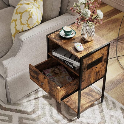 LDTTCUK Nightstand with Charging Station, Modern End Table with Drawer, Bedside Table with Open Storage for Bedroom,Rustic Brown - LeafyLoom