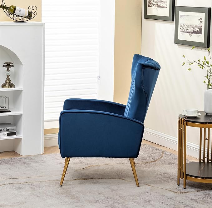 Armchair Modern Velvet Accent Chair, Channel Tufted Bedroom, Office or Living Room Furniture with Elegant Metal Legs, Blue - LeafyLoom