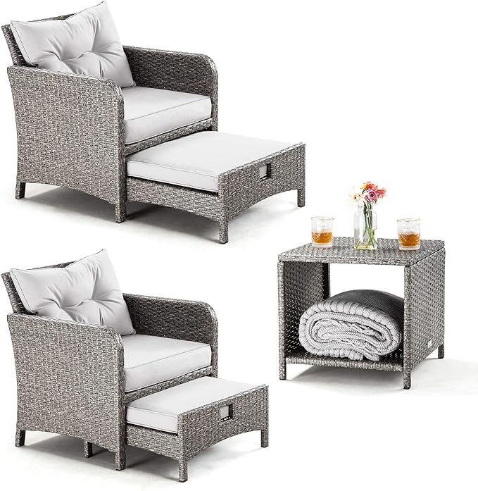 Pamapic 5 Pieces Outdoor Patio Wicker Chairs Set with Ottoman .Outside Conversation Furniture set with Cushions and Coffee for Balcony Porch Lawn Garden Table(Grey Cushion+Light Grey Rattan) - LeafyLoom