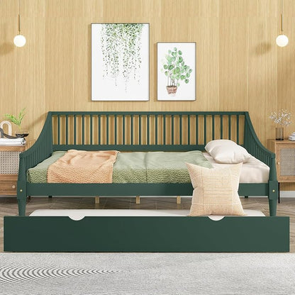 Full Size Daybed with Hideaway Trundle and Support Legs,Multi-functional Wood Bed Frame,W/Rails Three Sides,Easy to Assemble,for Bedroom,Living Room,Apartment,Green - LeafyLoom