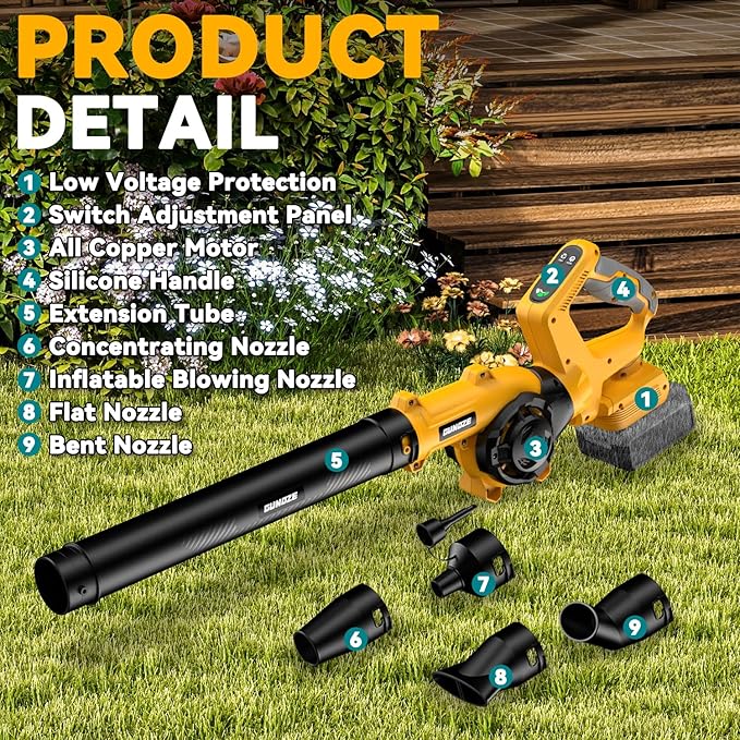 Cordless Leaf Blower for Dewalt 20V Battery, 3 Speed Modes Up to 200MPH, 270° Rotatable Electric Leaf Blower with 4 Blowing Nozzles(No Battery) - LeafyLoom