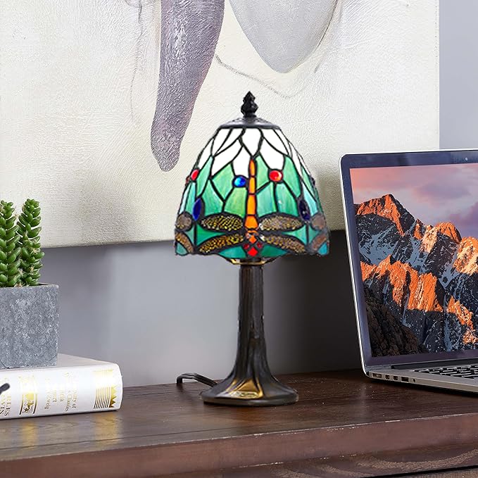 Stained Glass Dragonfly Design Table or Desk Light, Tiffany Style mini table Lamp-, LED Bulb Included-Vintage Look Colorful Accent Decor - LeafyLoom