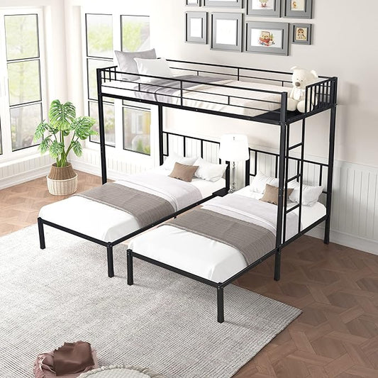 Metal Triple Twin Bunk Bed,Can Be Separated into 3 Twin Beds,Sturdy-Metal,Noise Reduced,Bunk-Bed for Three,Safety Guardrail,CPC Certified,No Box Spring Needed,Black - LeafyLoom