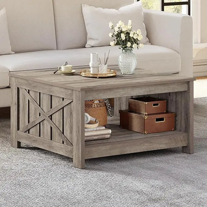 YITAHOME Coffee Table Farmhouse Coffee Table with Storage Rustic Wood Cocktail Table,Square Coffee Table for Living Meeting Room with Half Open Storage Compartment, Rustic Grey - LeafyLoom