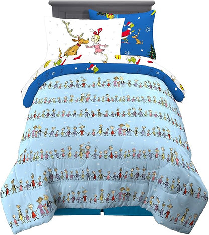 Franco Grinch by Dr. Seuss Holiday & Christmas Bedding Soft Comforter and Sheet Set with Sham, 5 Piece Twin Size, (Official Dr. Seuss Product) - LeafyLoom