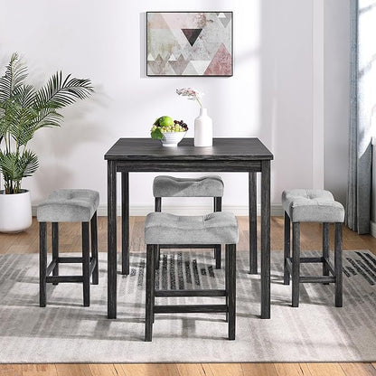 5 Piece Square, Bar Chairs Set, Bistro Industrial Breakfast Table + 4 Upholstered Stools, for Living, Small Apartment, Dining, Game Room, Black+Gray - LeafyLoom