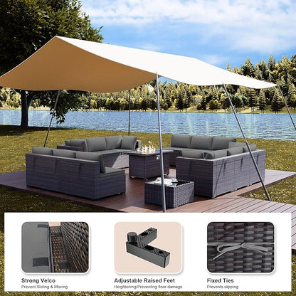 Kullavik 15PCS Outdoor Patio Furniture Set with 43" 55000BTU Gas Propane Fire Pit Table PE Wicker Rattan Sectional Sofa Patio Conversation Sets for Backyard,Grey Cushions - LeafyLoom