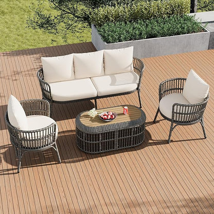 Furniture 4-Piece Outdoor Patio Conversation Seating for 5 Person and Coffee Table, Rattan Chair Wicker Sofa Bistro Sets for Porch, Backyard and Garden, Grey - LeafyLoom