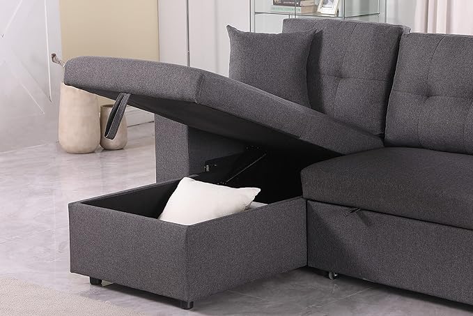 RITSU Reversible Sectional Sofa, Pull Out Loveseat Sleeper Bed Storage Space and 2 Stools, Corner Couch with Side Cabinets, Suitable for Living Room, Apartment Dark Gray, 95.27inch - LeafyLoom