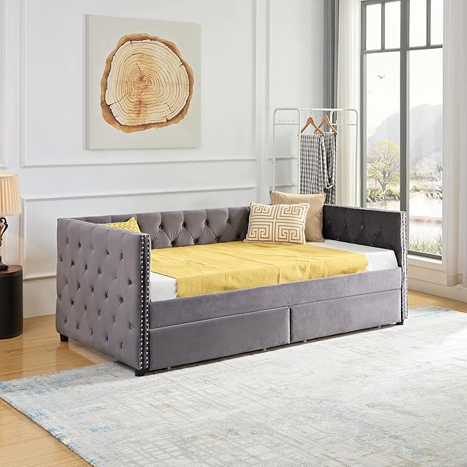 Twin Size Velvet Upholstered Daybed with Two Storage Drawers, Solid Wood Sofa Bed w/Button Tufted Backrest, for Living Room, Bedroom, Dorm, No Box Spring Needed, Grey - LeafyLoom