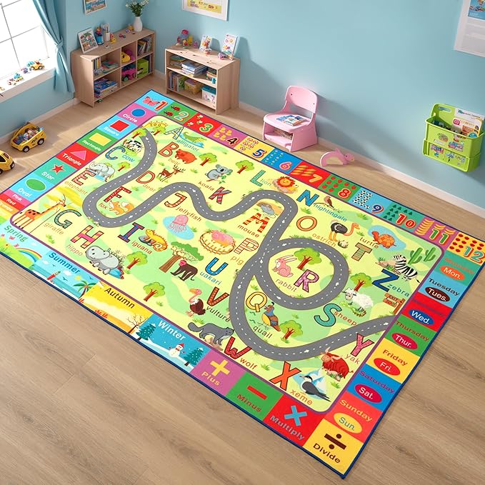 Terrug Kids Rugs for Playroom, Educational Classroom Rug for Kids Room, Washable Nursery Rug Carpet Non Slip Playroom Rug Play Mat for Learning ABC Rug, Numbers, Animal, Colors, Season, 4X6 Feet - LeafyLoom