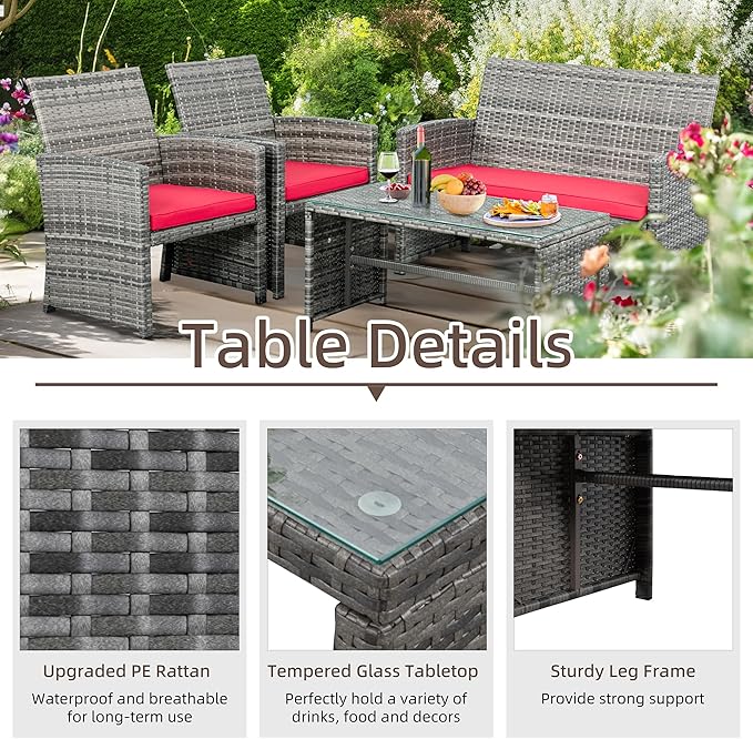 Shintenchi 4-Piece Outdoor Gray Wicker Patio Conversation Furniture Set, Rattan Patio Furniture Set with Weather Resistant Cushions and Tempered Glass Tabletop,Red - LeafyLoom