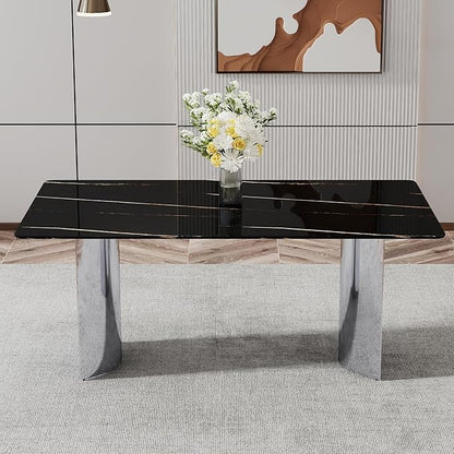 NicBex Modern Minimalist Dining Table Black Imitation Marble Glass Desktop is Equipped with Silver Metal Legs Suitable for Restaurants and Living Rooms, Black + Silver - LeafyLoom