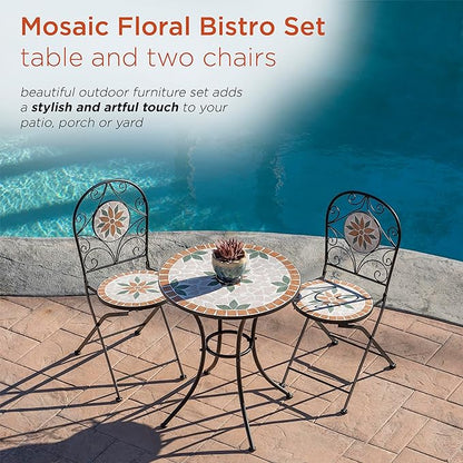 Alpine Corporation Indoor/Outdoor 3-Piece Mosaic Bistro Set Folding Table and Chairs Patio Seating, Tan - LeafyLoom