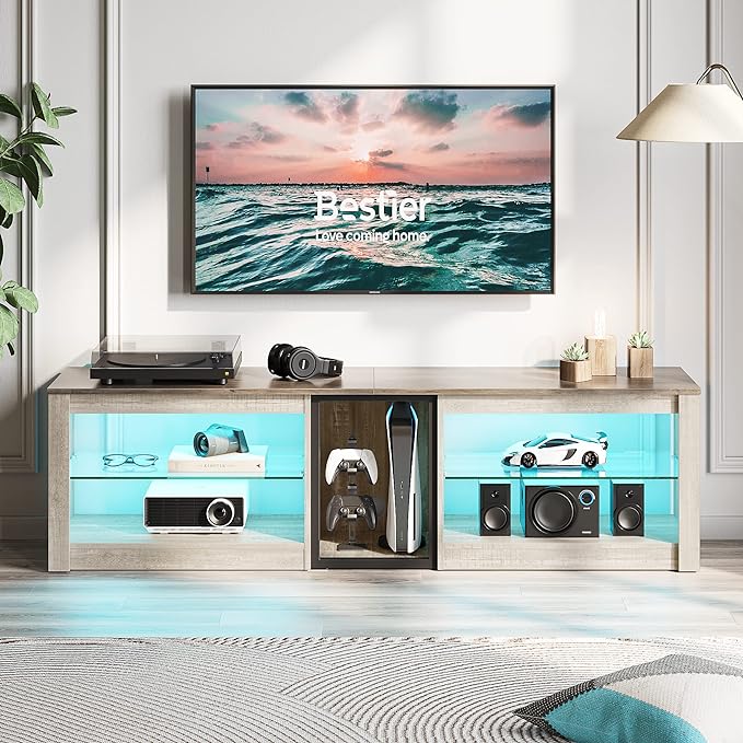 Bestier TV Stand for 70 inch TV, Gaming Entertainment Center for PS5, LED TV Cabinet with Glass Shelves for Living Room, 63'' Inch, White Wash - LeafyLoom