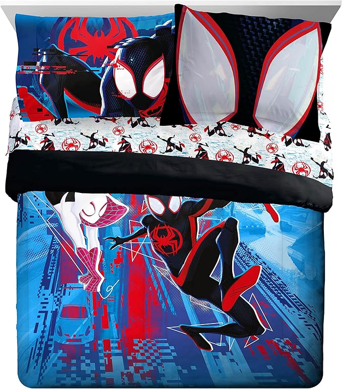 Marvel Spiderman Across The Spider-Verse Glitch 7 Piece Queen Size Bed Set - includes Comforter & Sheet Set Bedding - Super Soft Fade Resistant Microfiber (Official Product) - LeafyLoom