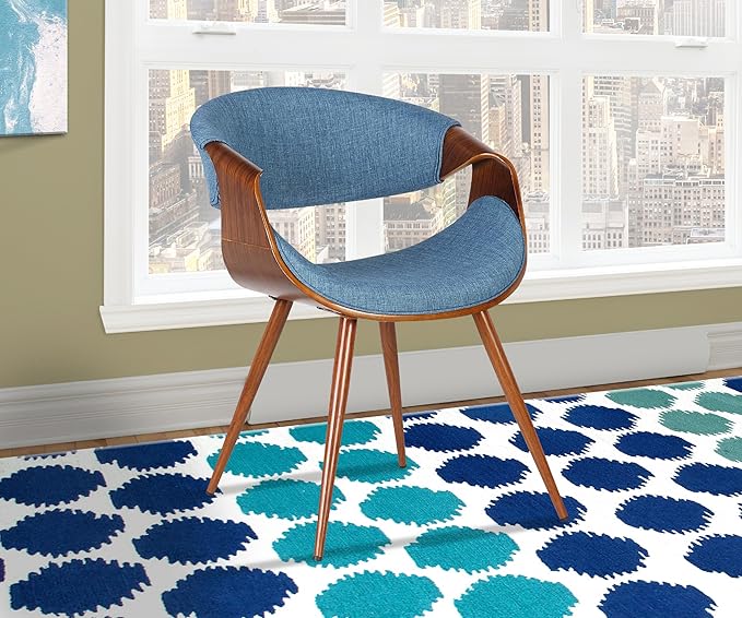 Armen Living Butterfly Mid Century Modern Upholstered Fabric Wood Dining Accent Chair for Kitchen Table Desk Vanity, 21D x 22W x 29H in, Blue/Walnut - LeafyLoom