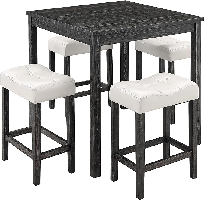 5 Piece Square, Industrial Breakfast Table + 4 Upholstered Stools, Bistro Dining Set, for Living, Small Apartment, Farmhouse, Game Room, Black+White - LeafyLoom