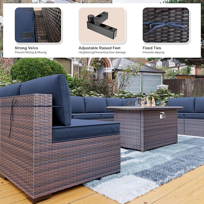 Kullavik 10 Pieces Outdoor Patio Furniture Set with 43" Gas Propane Fire Pit Table PE Wicker Rattan Sectional Sofa Patio Conversation Sets,Navy Blue - LeafyLoom