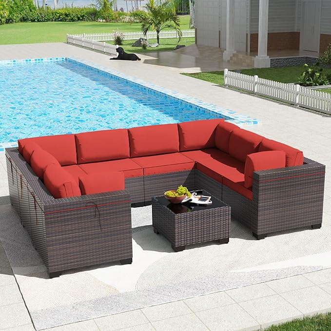 Kullavik 9PCS Outdoor Patio Furniture Set PE Wicker Rattan Sectional Sofa Patio Conversation Sets,Red - LeafyLoom