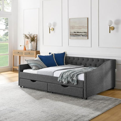 RITSU Full Size Mid-Century Daybed, 2 Storage Drawers,Linen Button Upholstered Tufted Sofa Bed, Copper Nail on Waved Shape Arms, No Box Spring Needed,for Bedroom, Livingroom, 80.50, Dark Grey-2 - LeafyLoom