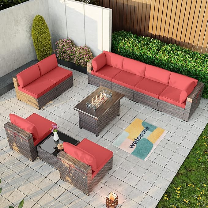 Kullavik 10 Pieces Outdoor Patio Furniture Set with 43" Gas Propane Fire Pit Table PE Wicker Rattan Sectional Sofa Patio Conversation Sets,Red - LeafyLoom