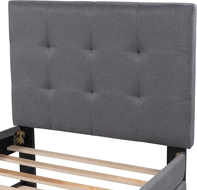 Twin Size Platform Bed, Linen Upholstered Bed Frame with Headboard and Trundle, Wood Slat Support, Gray - LeafyLoom