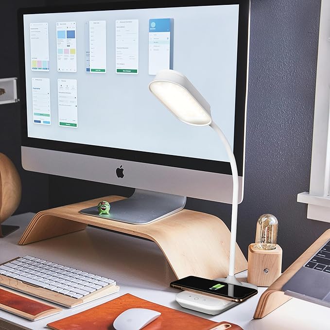 OttLite Achieve LED Sanitizing Desk Lamp Wireless Charging and USB Charging - Touch Activated, Flexible Neck, Modern Light for Reading, Crafting & Office Desktop - LeafyLoom