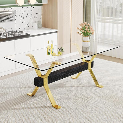 NicBex Dining Table Modern Tempered Glass Dining Table Large Modern Office Desk with Gold Plated Metal Legs and MDF Crossbars, Suitable for Both Home and Office Use, Gold + Black - LeafyLoom