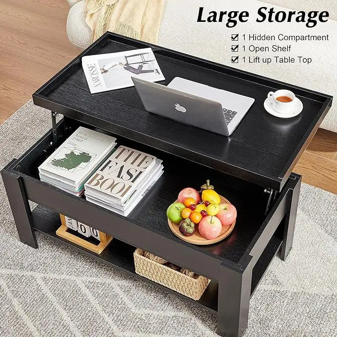 VECELO Lift Top Coffee Table with Storage Shelf and Hidden Compartment for Living Room/Office Reception, Black - LeafyLoom