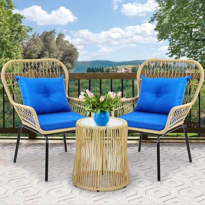 YITAHOME 3-Piece Outdoor Patio Furniture Wicker Bistro Set, All-Weather Rattan Conversation Chairs for Backyard, Balcony and Deck with Soft Cushions, Glass Side Table (Light Brown+Navy Blue) - LeafyLoom