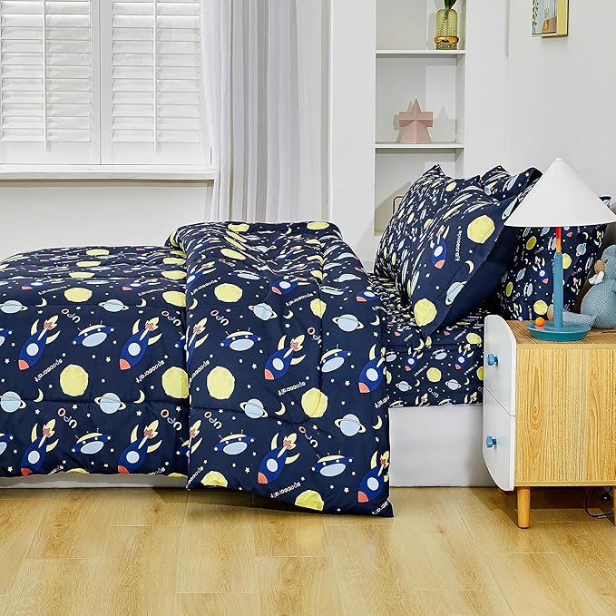 Mooreeke Bed in a Bag for Kids Boys Teens, 5 Pieces Twin Size Comforter Bed Set with Shams, Sheet Set, Space Planet Blue Black Super Soft Microfiber Kids Comforter Bedding Set - LeafyLoom