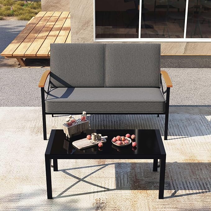 Shintenchi 2 Piece Outdoor Patio Furniture Set, Metal Sofa Chair Conversation Set, Including Loveseat and Coffee Table for Backyard, Patio, Balcony, Poolside (Dark Grey) - LeafyLoom