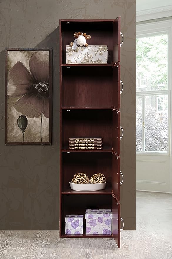 HODEDAH 5 Door Bookcase Cabinet, Mahogany - LeafyLoom