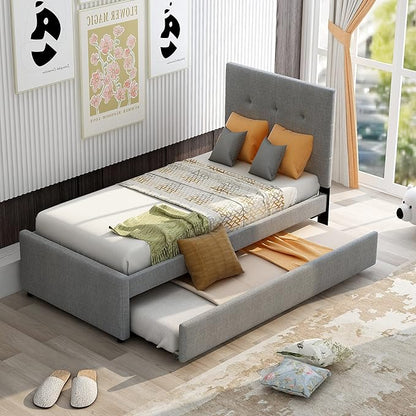 Twin Size Platform Bed, Linen Upholstered Bed Frame with Headboard and Trundle, Wood Slat Support, Gray - LeafyLoom