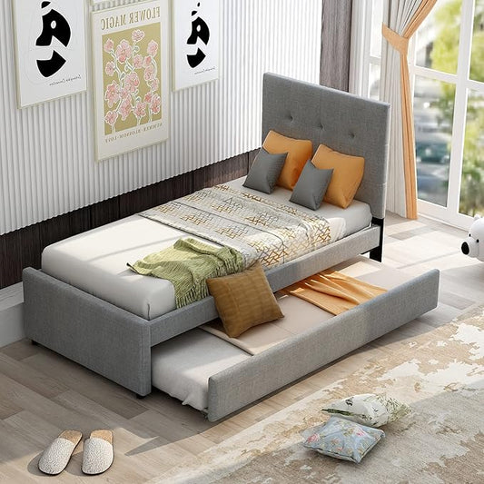 Twin Size Platform Bed, Linen Upholstered Bed Frame with Headboard and Trundle, Wood Slat Support, Gray - LeafyLoom