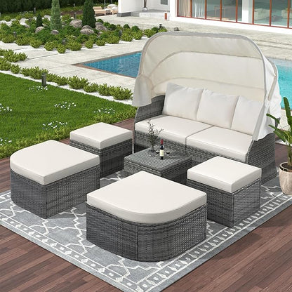 Rectangle Furniture Daybed Sunbed with Retractable Canopy, Outdoor Wicker Conversation Set with Cushions for Patio, Backyard, Porch, Garden, Hc-Beige - LeafyLoom