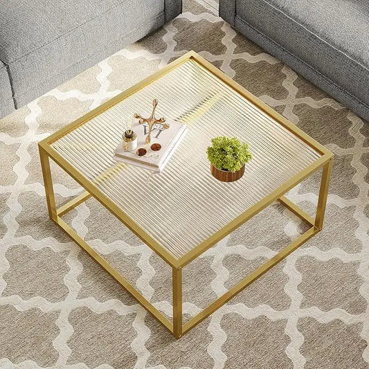 SAYGOER Modern Glass Coffee Table Small Squre Coffee Tables for Large or Small Space Unique Art Center Table for Living Room Home Office with Gold Metal Frame, Easy Assembly - LeafyLoom