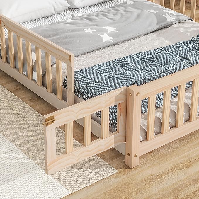 Bellemave Full Size House-Shaped Headboard Floor Bed for Kids, Montessori Floor Bed with Fence and Door,House Bed Twin Frame for Girls,Boys (Natural) - LeafyLoom