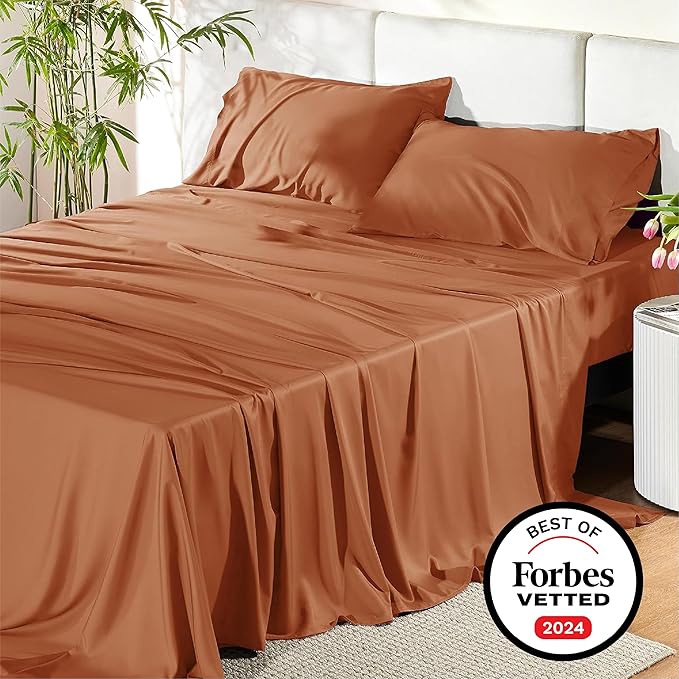 Bedsure Full Size Sheets, Cooling Sheets Full, Rayon Derived from Bamboo, Deep Pocket Up to 16", Breathable & Soft Bed Sheets, Hotel Luxury Silky Bedding Sheets & Pillowcases, Burnt Orange - LeafyLoom