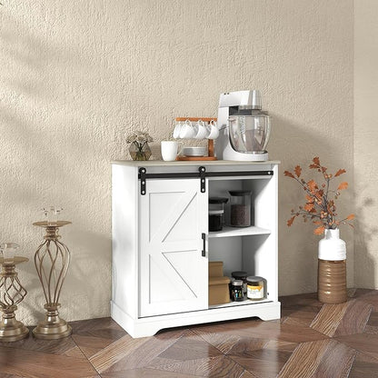 Panana Sliding Barn Door Buffet Sideboard Storage Cabinet Coffee Bar Kitchen Farmhouse Style (White Cabinet Nature Top) - LeafyLoom