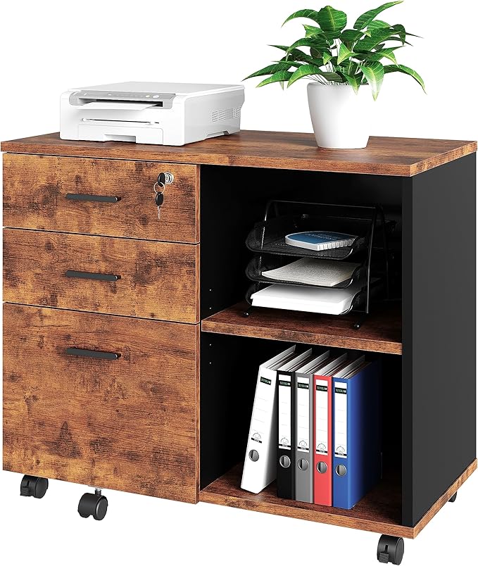 Wood File Cabinet, 3 Drawer Mobile Lateral Filing Cabinet On Wheels, Printer Stand with Open Storage Shelves for Home Office (Wood) - LeafyLoom