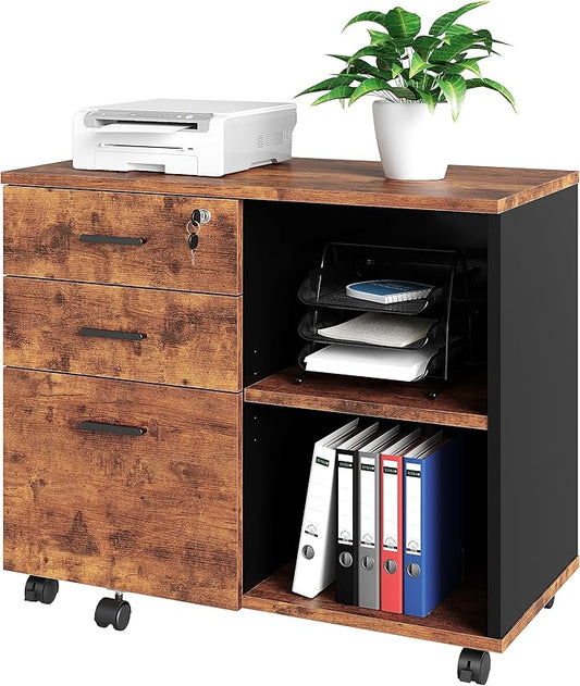 Wood File Cabinet, 3 Drawer Mobile Lateral Filing Cabinet On Wheels, Printer Stand with Open Storage Shelves for Home Office (Wood) - LeafyLoom