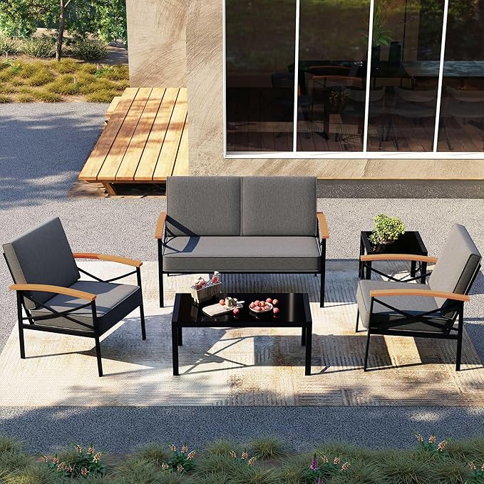 Shintenchi 5 Piece Outdoor Patio Furniture Set, Metal Sofa Conversation Set, including Loveseat, Two Single Chairs and Two Coffee Tables for Backyard, Patio, Balcony, Poolside (Dark Grey) - LeafyLoom