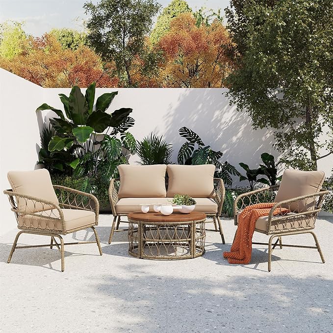 Merax Outdoor Patio Furniture Sets, Bohemia-Inspired Wicker Conversation Seating Group, with Soft Cushions and Wood Tabletop, 4 PCS, Beige - LeafyLoom