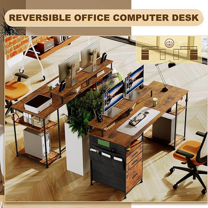 Computer Desk with 3 File Cabinet Drawers, 57.8'' Reversible Gaming Desk, Office Desk with Storage Shelves and Dual Monitor Stand for Home & Office (Rustic Brown) - LeafyLoom