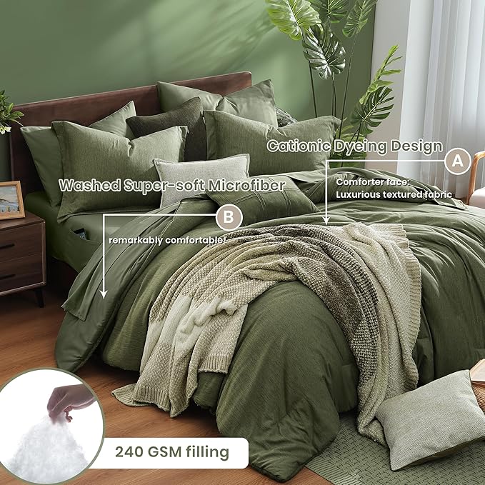 Monbix Full Size Comforter Set, Olive Green Bedding Comforter for Full Size Bed Set Reversible, Bedding Sets Full 7 Pieces, Cationic Dyeing Bed in a Bag with Comforter, Sheets, Pillowcases & Shams - LeafyLoom