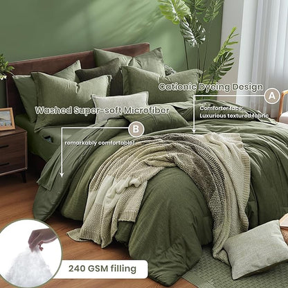 Monbix King Size Comforter Set, Olive Green King Size Bed Set Reversible, King Size Comforter Set 7 Pieces, Cationic Dyeing Bed in a Bag with Comforter, Sheets, Pillowcases & Shams - LeafyLoom