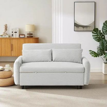 3-in-1 Corduroy Upholstered Futon Loveseat Sofa w/Pull Out Bed and USB Ports, 57.48" Pullout Couch Chaise Lounge with Adjustable Backrest and Throw Pillows for Living Room Small Space - LeafyLoom